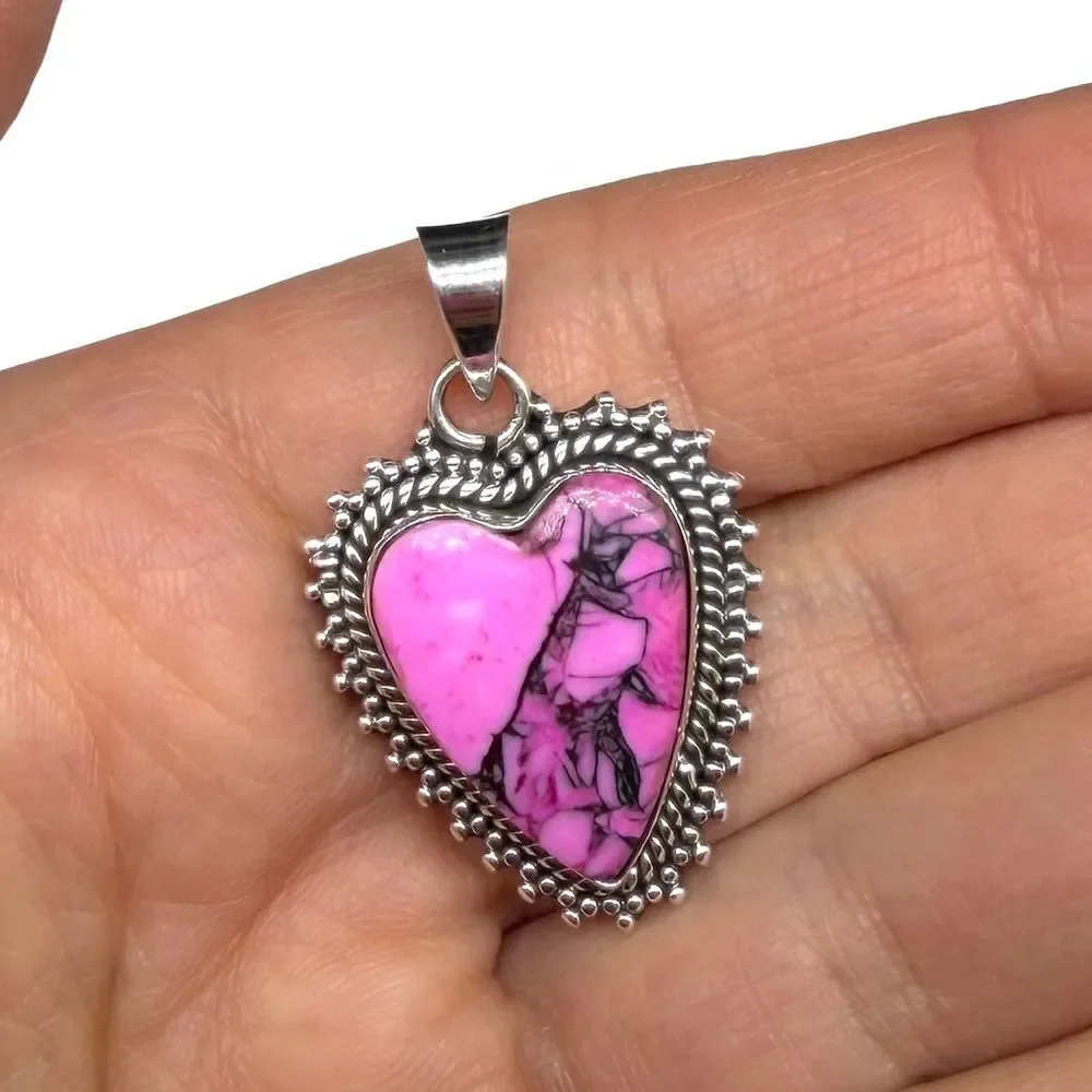 Cherry Blossom Kingman Turquoise Heart Necklace Pendant 925 Sterling Silver